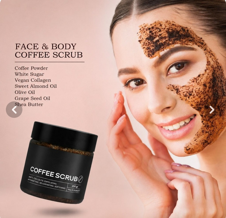 اسکراب قهوه صورت و بدن با کلاژن گیاهی، روغن بادام شیرین و شیباتر، ۲۵۰ گرم